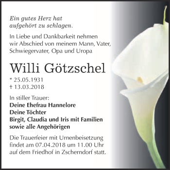 Traueranzeige von Willi Götzschel von WVG - Wochenspiegel Bitterfeld