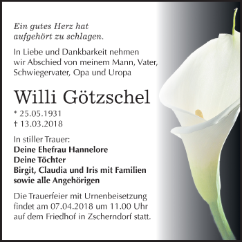 Traueranzeige von Willi Götzschel von Mitteldeutsche Zeitung Bitterfeld