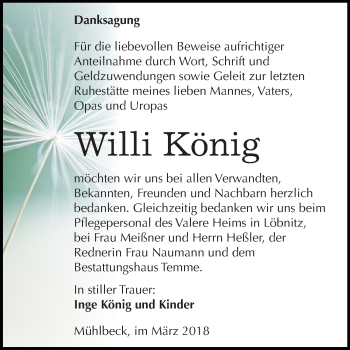 Traueranzeige von Willi König von Mitteldeutsche Zeitung Bitterfeld