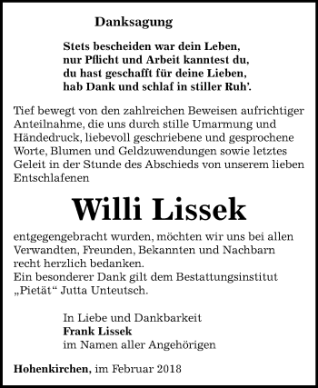 Traueranzeige von Willi Lissek von Mitteldeutsche Zeitung