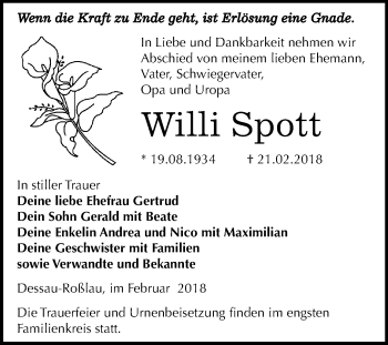 Traueranzeige von Willi Spott von Mitteldeutsche Zeitung