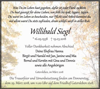 Traueranzeige von Willibald Sieg von Super Sonntag Aschersleben