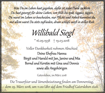 Traueranzeige von Willibald Siegl von Mitteldeutsche Zeitung Aschersleben