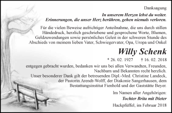 Traueranzeige von Willy Schenk von Super Sonntag SGH Mansf. Land