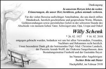 Traueranzeige von Willy Schenk von Mitteldeutsche Zeitung