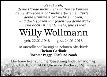 Traueranzeige von Willy Wollmann von Mitteldeutsche Zeitung Halle/Saalkreis