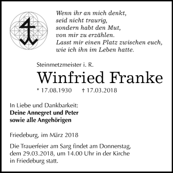 Traueranzeige von Winfried Franke von Mitteldeutsche Zeitung Halle/Saalkreis