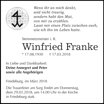 Traueranzeige von Winfried Franke von Super Sonntag SGH Mansf. Land