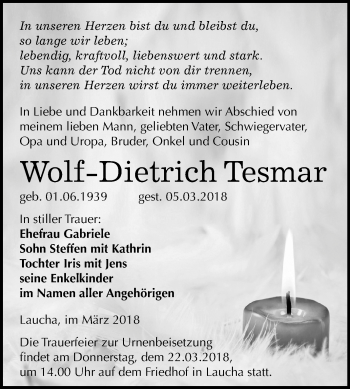 Traueranzeige von Wolf-Dietrich Tesmar von Mitteldeutsche Zeitung