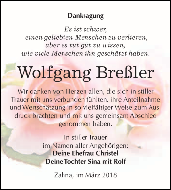 Traueranzeige von Wolfgang Breßler von WVG - Wochenspiegel Wittenberg