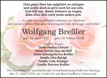 Traueranzeige von Wolfgang Breßler von WVG - Wochenspiegel Wittenberg
