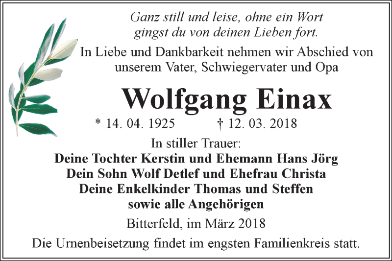  Traueranzeige für Wolfgang Einax vom 16.03.2018 aus Mitteldeutsche Zeitung Bitterfeld