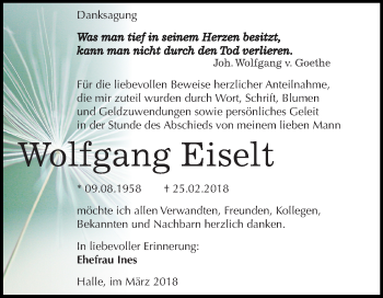 Traueranzeige von Wolfgang Eiselt von Mitteldeutsche Zeitung