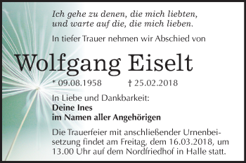 Traueranzeige von Wolfgang Eiselt von Mitteldeutsche Zeitung