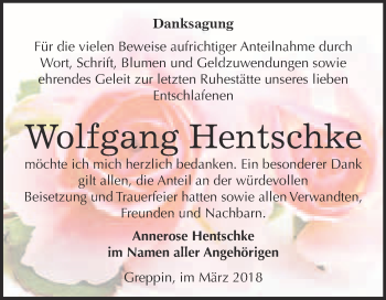 Traueranzeige von Wolfgang Hentschke von WVG - Wochenspiegel Bitterfeld