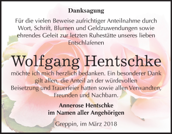 Traueranzeige von Wolfgang Hentschke von Mitteldeutsche Zeitung Bitterfeld