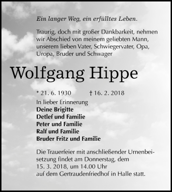 Traueranzeige von Wolfgang Hippe von Mitteldeutsche Zeitung Halle/Saalkreis