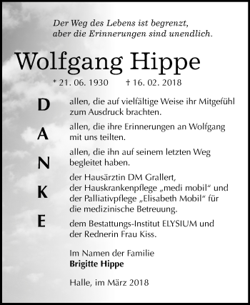 Traueranzeige von Wolfgang Hippe von Mitteldeutsche Zeitung Halle/Saalkreis