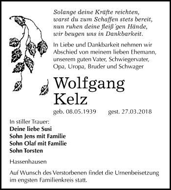 Traueranzeige von Wolfgang Kelz von Mitteldeutsche Zeitung