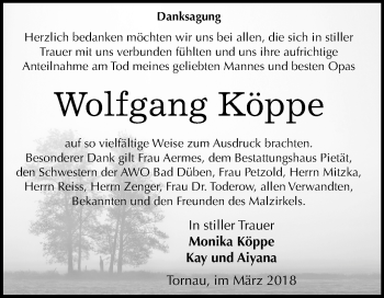 Traueranzeige von Wolfgang Köppe von Mitteldeutsche Zeitung Bitterfeld