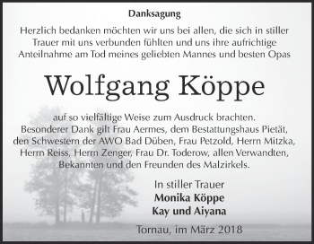 Traueranzeige von Wolfgang Köppe von WVG - Wochenspiegel Bitterfeld