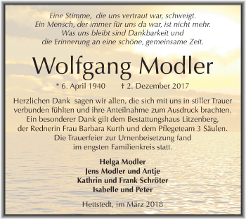 Traueranzeige von Wolfgang Modler von Mitteldeutsche Zeitung