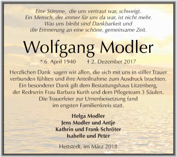 Traueranzeige von Wolfgang Modler von Wochenspiegel Mansfelder Land