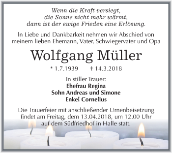 Traueranzeige von Wolfgang Müller von Mitteldeutsche Zeitung Halle/Saalkreis