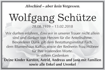 Traueranzeige von Wolfgang Schütze von WVG - Wochenspiegel Merseburg