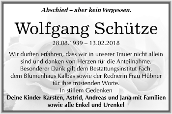 Traueranzeige von Wolfgang Schütze von Mitteldeutsche Zeitung Merseburg/Querfurt