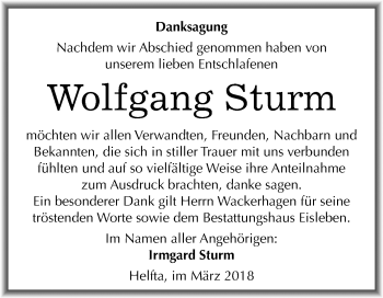 Traueranzeige von Wolfgang Sturm von Mitteldeutsche Zeitung