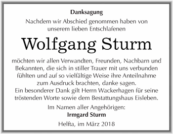 Traueranzeige von Wolfgang Sturm von Wochenspiegel Mansfelder Land