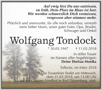 Traueranzeige von Wolfgang Tondock von Mitteldeutsche Zeitung Merseburg/Querfurt