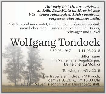 Traueranzeige von Wolfgang Tondock von Super Sonntag Merseburg