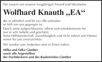 Traueranzeige von Wolfhard Knauth von WVG - Wochenspiegel Merseburg