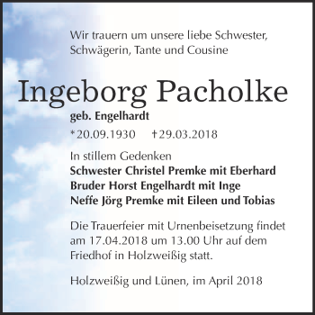 Traueranzeige von Ingeborg Pacholke von WVG - Wochenspiegel Bitterfeld