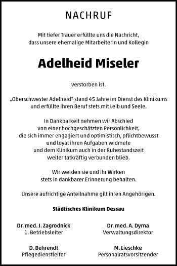 Traueranzeige von Adelheid Miseler von Mitteldeutsche Zeitung Dessau-Roßlau