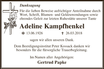 Traueranzeige von Adeline Kampfhenkel von WVG - Wochenspiegel Dessau / Köthen