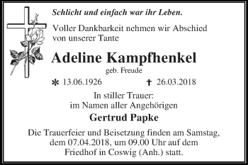 Traueranzeige von Adeline Kampfhenkel von WVG - Wochenspiegel Dessau / Köthen