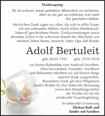 Traueranzeige von Adolf Bertuleit von WVG - Wochenspiegel Wittenberg