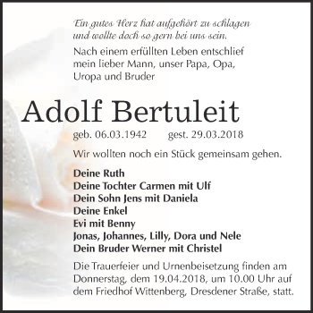 Traueranzeige von Adolf Bertuleit von WVG - Wochenspiegel Wittenberg