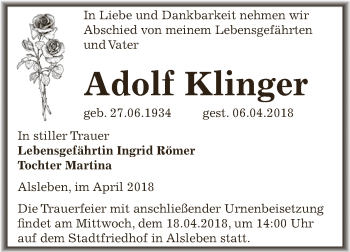 Traueranzeige von Adolf Klinger von Super Sonntag Bernburg