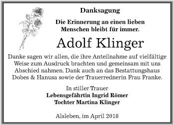 Traueranzeige von Adolf Klinger von Mitteldeutsche Zeitung Bernburg