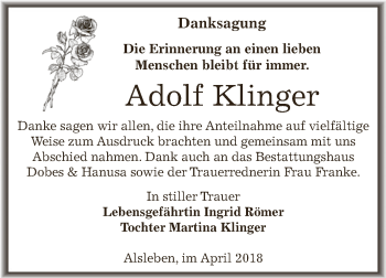 Traueranzeige von Adolf Klinger von Super Sonntag Bernburg