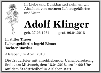 Traueranzeige von Adolf Klinger von Mitteldeutsche Zeitung Bernburg