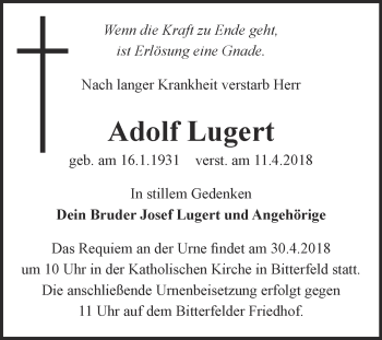 Traueranzeige von Adolf Lugert von WVG - Wochenspiegel Bitterfeld