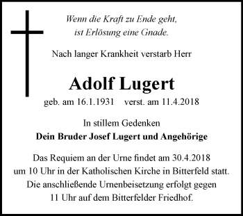 Traueranzeige von Adolf Lugert von Mitteldeutsche Zeitung Bitterfeld