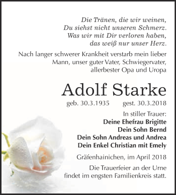 Traueranzeige von Adolf Starke von WVG - Wochenspiegel Wittenberg
