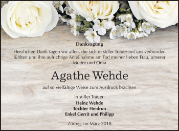 Traueranzeige von Agathe Wehde von Mitteldeutsche Zeitung Bitterfeld