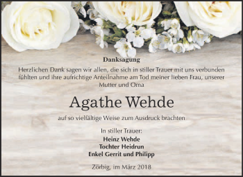 Traueranzeige von Agathe Wehde von WVG - Wochenspiegel Bitterfeld